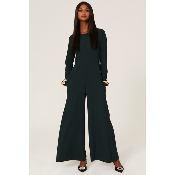 ADAM LIPPES Dark Green Crewneck Long Sleeve Wide Leg Sleek Jumpsuit Size 2 - Picture 1 of 16